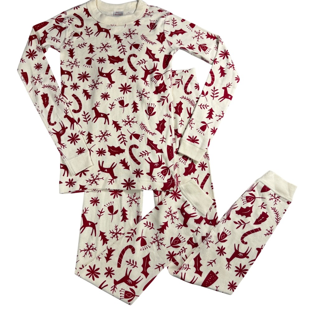 Hanna Andersson Scandicane Long John Pajama Set Kid 140/10 Cream Red Holiday NEW
